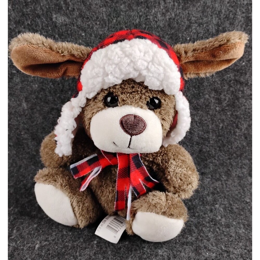 Puppy Dog Plush Brown Hound Red Buffalo Plaid Trapper Hat Scarf 7.5” Walmart